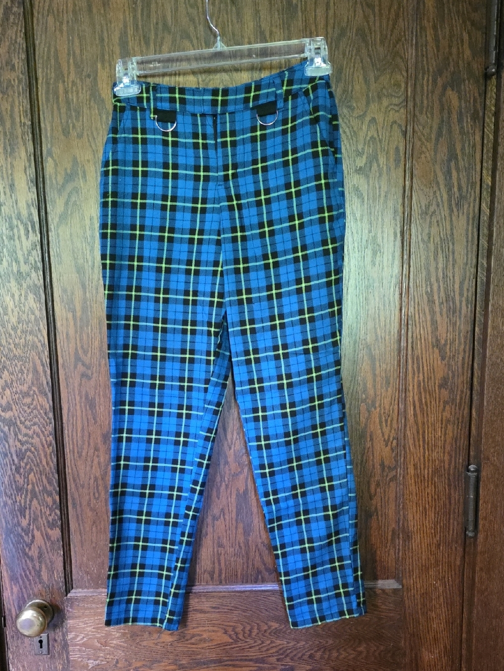 Hot Topic Blue Plaid Pants with Lime Stripes